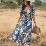 Yidouxian Spring Summer Long Floral Bandage Dress Women Sexy V Neck Slim High Waist Ladies A Line Print Maxi Dresses