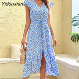 Yidouxian 2023 New Women Fashion Irregular Print Dress For Ladies V Neck Flying Sleeve High Waist Floral Dresses