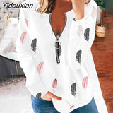 Yidouxian Autumn Winter New Fashion Tops Zipper V Neck Long Sleeve Women T Shirt Gradient Print Feather Loose Casual Oversized Tees