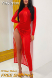 Yidouxian Women O-neck Long Sleeve Hollow Out Bodycon High Slit Long Dress Streetwear Sexy See Through Mesh Evening Party Club Red Dresses