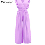 Yidouxian 2023 New Sexy Slim Jumpsuits High Waist Sleeveless Ruffle V Neck Pleated Wide Leg Pants Women For Fashion