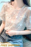 yidouxian Flower Embroidered Chiffon Shirts Women 2023 Summer White Puff Sleeve Blouses O Neck Casual Elegant Tops Clothing 27012