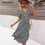 Yidouxian Spring Summer Ladies Bandage Dress Women Medium Long Sleeve Button Floral Print Holiday Style Chic Dress Female