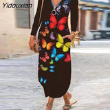 Yidouxian New Butterfly Printed Long Autumn Pocket Sexy Zipper V-Neck Long Sleeve Dress Women Party Boho Vintage Maxi Dress Plus Size