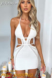 yidouxian Hollow Out Halter Sexy Mini Dress Women Summer New Sleeveless Backless Skinny Club Party Knit Tank Dress Vestido