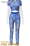 Yidouxian Blue Printed Sheer Mesh Short Sleeve Crop Tops and Pencil Pants 2 Piece Sets Womens Outfits Autumn 2023 Night Club Wear