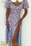 Yidouxian Summer Slim Print Midi Dress Lady Sexy Elegant Doll Collar Puff Sleeve Single Breasted Slit Party Dresses For Women 2023