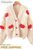 Yidouxian Autumn Winter Sweet Cute Handmade Mushroom Sweater Women Loose V-Neck Casual Short Knit Cardigan Jacket Female Coat