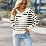 Yidouxian Winter 2023 New Women V Neck Long Sleeve Striped Loose Sweater For Ladies Soft Comfortable Thermal Knitted Top