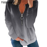 Yidouxian Autumn Winter New Fashion Tops Zipper V Neck Long Sleeve Women T Shirt Gradient Print Feather Loose Casual Oversized Tees