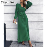 Yidouxian Women New V Neck Long Sleeve Pleated A Line Dress For Ladies Solid Color Lace Up High Waist All Match Dresses