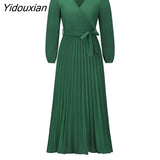 Yidouxian Women New V Neck Long Sleeve Pleated A Line Dress For Ladies Solid Color Lace Up High Waist All Match Dresses