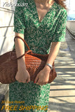 Yidouxian Retro Elegant Long Dress Women Summer Short Sleeve Loose Green Floral Dress Female V-neck High Waist Dresses Vestido 14542