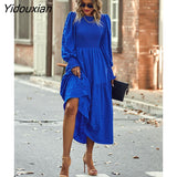 Yidouxian 2023 New Women Fashion Swing Dress For Ladies O Neck Puff Sleeve Solid Color High Waist Temperament Casual Midi Dresses