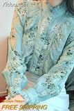 Yidouxian Printed Elegant Blouse Women 2023 Fashion Long Sleeve Ruffle Lace Shirt Women Stand Collar Vintage Lady Blouses Top 18757