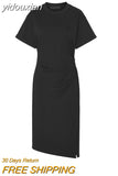 yidouxian Women&#39;s High Street Short Sleeve O-neck Heart Print Mid Long Dresses 2023 Summer Causal High Waist A-Line Grey Slit Dress
