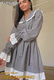 Yidouxian Fashion Loose Gray Dresses For Women Casual Doll Collar Long Sleeve Mini Dress Elegant Lace-up Patchwork Female Dress