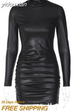 yidouxian Sleeve Pu Faux Leather Bodycon Mini Dress Women Solid Sexy Black Party Club Tight Short Dresses 2023Autumn Winter Clothes