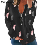 Yidouxian Autumn Winter New Fashion Tops Zipper V Neck Long Sleeve Women T Shirt Gradient Print Feather Loose Casual Oversized Tees