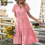 Yidouxian Summer Plaid Shirt Dress Women 2023 New Casual Short Sleeve High Waist Loose Dresses For Ladies Leisure Medium Long Dress