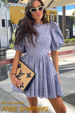 Yidouxian Fashion Slim Print Women'S Dress 2023 Elegant O-Neck Short Sleeve Mini Dresses Casual High Waist Pleated Female Dress