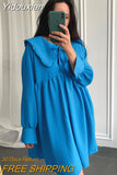 Yidouxian Fashion Loose Blue Dresses For Women 2023 Autumn Elegant Casual Doll Collar Long Sleeve Office Mini Dress Female Clothes