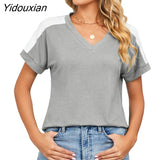 Yidouxian Fashion Short Sleeve Shoulder Color Blocking T-Shirt Female 2023 Summer Casual Streetwear V Neck Cotton Tees Women's Tops