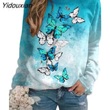 Yidouxian Autumn Women New Butterfly Floral Printed Sweatshirt Ladies O Neck Long Sleeve Casual Loose Hoodie Streetwear Pullover Tops