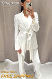 Yidouxian Solid Belt Blazer Suit Women Vintage Lapel Long Sleeve Jacket 2 Pieces Set 2023 Spring Chic Office Lady White Pant Suits