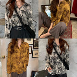 Yidouxian New Women Vintage Ink painting Print Chiffon Blouse Full Sleeve Button Up Loose Shirt Autumn Casual BF Style Tops T11612F