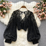 Yidouxian New Black/White/Brown Sexy Lace Blouse Women Elegant V-Neck Puff Long Sleeve Open Back Short Tops Female Party Blusas