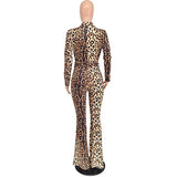 Yidouxian 2023 Female Fashion Streetwear Leopard Print V-neck Long Sleeve Skinny Jumpsuits With Belt Hot Party Autumn Bodycon Rompers