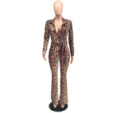 Yidouxian 2023 Female Fashion Streetwear Leopard Print V-neck Long Sleeve Skinny Jumpsuits With Belt Hot Party Autumn Bodycon Rompers