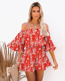 yidouxian Off Shoulder Loose Chiffon Rompers Overalls Women Casual Beach Wide Leg Blue Playsuits Plus Size Ruffle Summer Romper