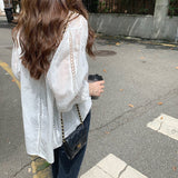 Yidouxian Fashion Oversized Hollow Lace Woman Shirt Turn-down Collar Loose Ladies Tops Long Sleeve White Blouse Women Blusas 13127