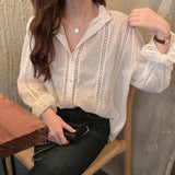 Yidouxian Fashion Oversized Hollow Lace Woman Shirt Turn-down Collar Loose Ladies Tops Long Sleeve White Blouse Women Blusas 13127