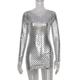 Yidouxian 2023 Metallic Silver Hole Sexy Bodycon Bandage Dress New Arrivals Club Streetwear Stylish Women Full Sleeve Lace-up Dresses