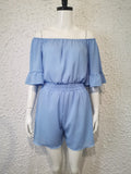 yidouxian Off Shoulder Loose Chiffon Rompers Overalls Women Casual Beach Wide Leg Blue Playsuits Plus Size Ruffle Summer Romper