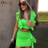 Yidouxian 2023 New Beach Style 3 Colors Women Summer Dress Neon Pink Green Orange Ruffle Crop Top+ Mini Skirt Sexy Night Club Outfits