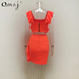 Yidouxian 2023 New Beach Style 3 Colors Women Summer Dress Neon Pink Green Orange Ruffle Crop Top+ Mini Skirt Sexy Night Club Outfits