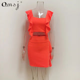 Yidouxian 2023 Neon Pink Green Orange Ruffle Dress Summer Casual Outfit Two Piece Cropped Top Mini Dress Fashion Night Club Dress Set