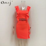 Yidouxian 2023 New Beach Style 3 Colors Women Summer Dress Neon Pink Green Orange Ruffle Crop Top+ Mini Skirt Sexy Night Club Outfits