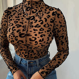 Yidouxian Women New Sexy Leopard Printed Skinny Bodysuit Brown High Neck Long Sleeve Jumpsuit Clubwear Tops Basic Overalls For Ladies