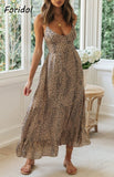 yidouxian Elegant Backless Lace Up Summer Dress Women Clothing Sleeveless Leopard Maxi Boho Beach Dress Lady Long Vestido Feminino