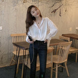 Yidouxian Fashion Oversized Hollow Lace Woman Shirt Turn-down Collar Loose Ladies Tops Long Sleeve White Blouse Women Blusas 13127
