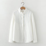 Yidouxian New Women Embroidery Cotton White Shirt Full Sleeve Turn Down Collar Ruched Casual Blouse Spring Office Lady Work Wear