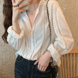 Yidouxian Fashion Oversized Hollow Lace Woman Shirt Turn-down Collar Loose Ladies Tops Long Sleeve White Blouse Women Blusas 13127