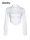yidouxian Sexy Long Sleeve White ZA Shirt Women Button Up Y2K Crop Tops Street Style 2023 Summer Party Y2K Female Clothing Blouse