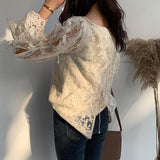 Yidouxian Embroidered Lace Women's Shirt Flare Sleeve Crochet Floral Blouse Casual Fashion Elegant Chiffon Shirt Spring New 13499