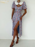 Yidouxian Summer Slim Print Midi Dress Lady Sexy Elegant Doll Collar Puff Sleeve Single Breasted Slit Party Dresses For Women 2023